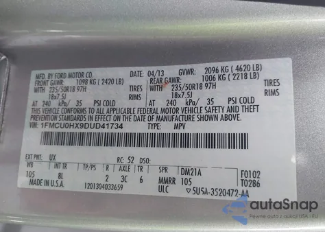 2013 Ford Escape Sel z USA, uszkodzony, nr VIN 1FMCU0HX9DUD41734